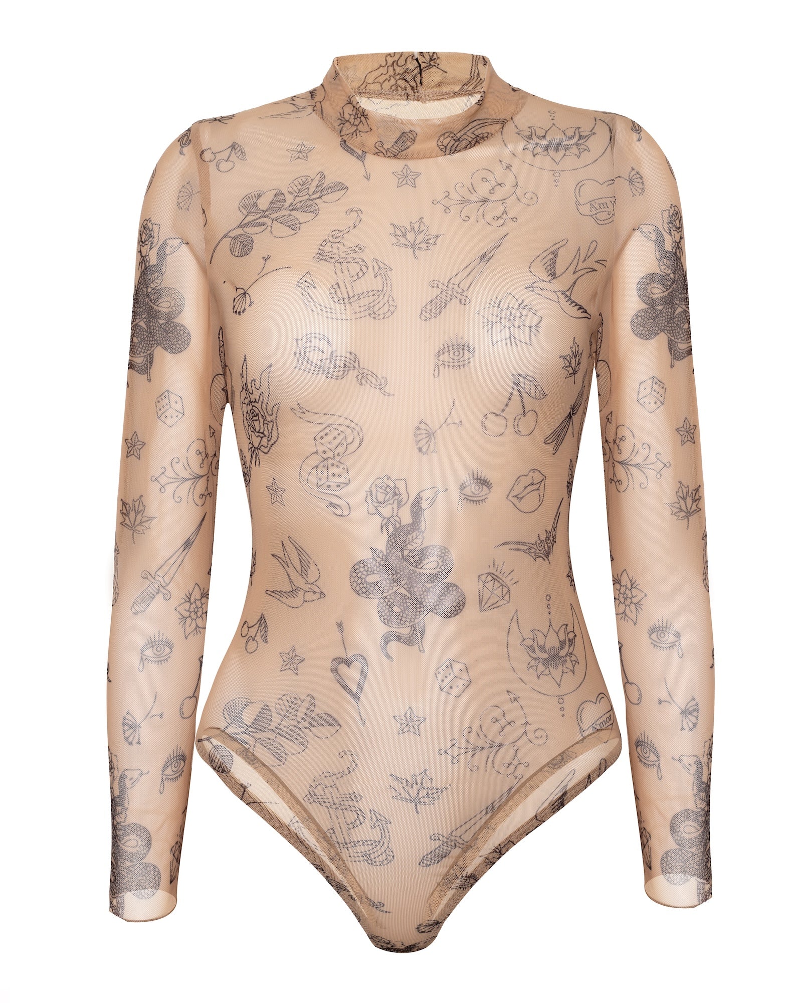 Sheer Mock Neck Tattoo Print Bodysuit, Heze